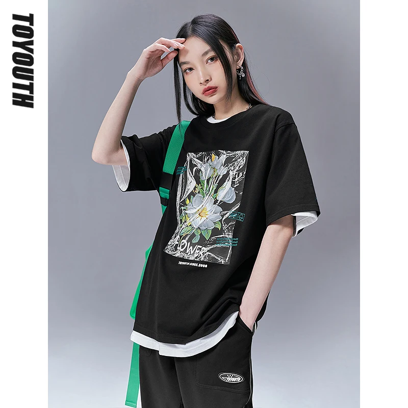 

Toyouth Women T-shirts 2022 Summer Short Sleeve O Neck Loose Tees Flower Pattern Pure Cotton Streetwear Chic Tops