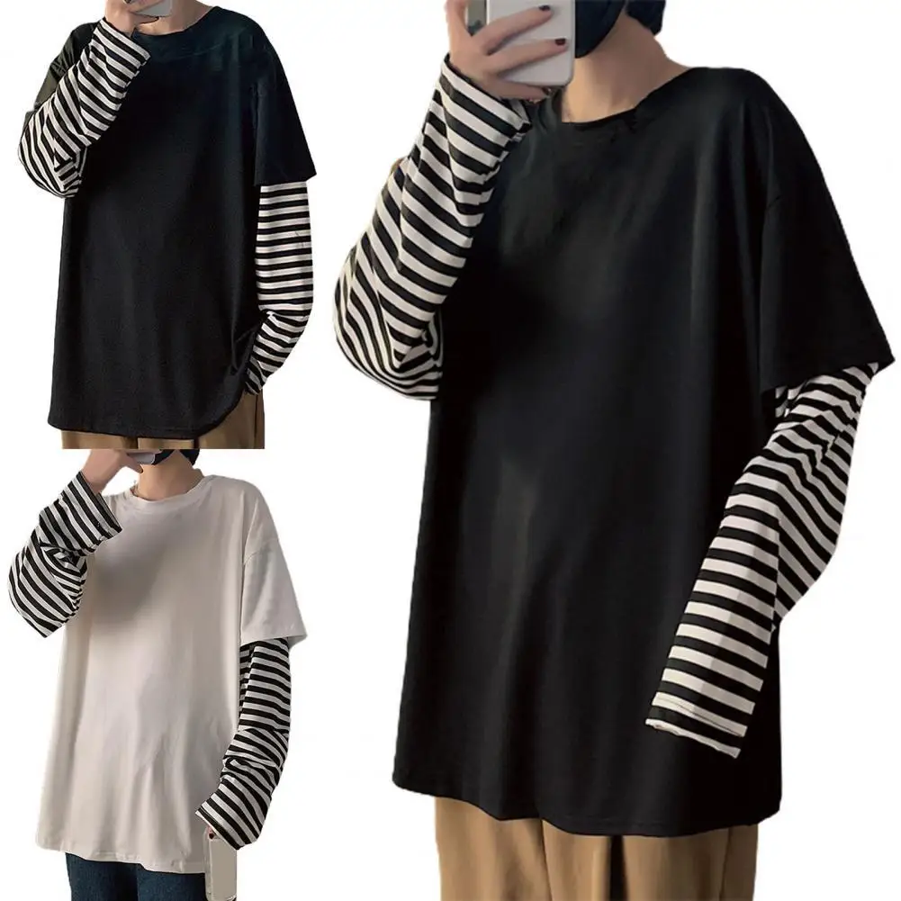 

Men T-shirt Fake Two-piece O Neck Oversized Stripe Autumn T-shirt for Daily Wear