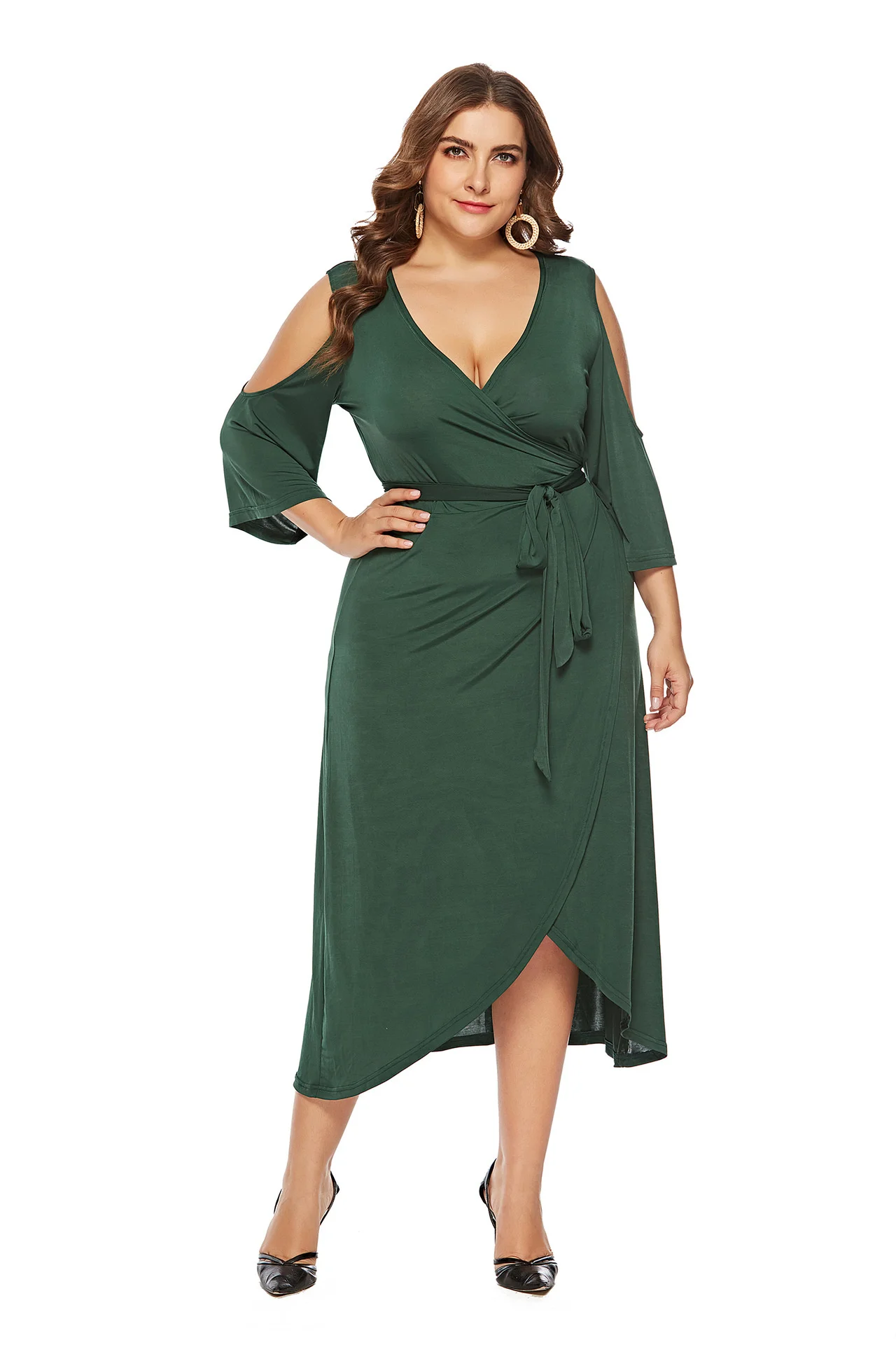 Cocktail Dresses Plus Size Short-Sleeved Slits V-Neck Solid Color Elegant Irregular Calf Length High Waist Green Casual Party