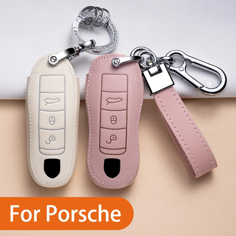 

Car Key Case Cover Shell Leather Protector For Porsche Panamera Cayenne Macan 718Taycan 911 Keychain Auto Accessories White PINK