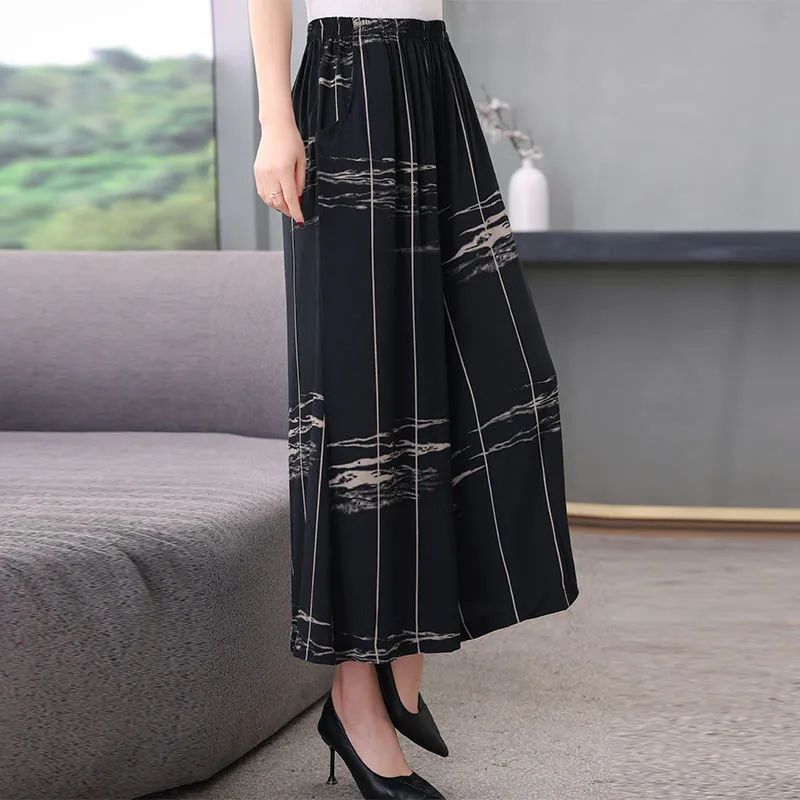 Женские длинные брюки с цветочным принтом весенне-летние из хлопка и льна