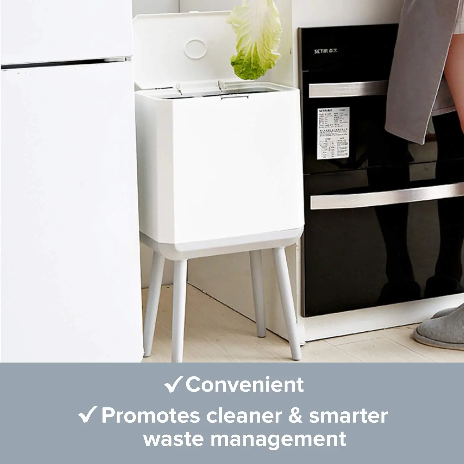 

High Kitchen Trash Can with Long Legs Modern Nordic Style Waste Basket Dual Compartment Trash Can with Lid Elevated Trash Bin