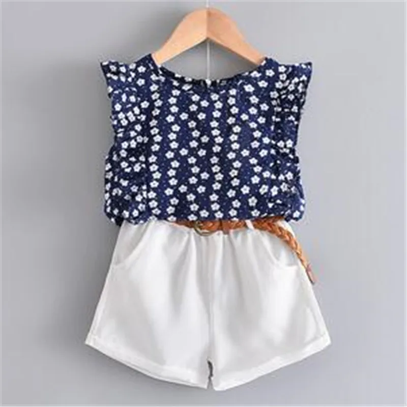 

New Summer Casual Children Sets Chiffon Flowers Blue T-shirt Pants Girls Clothing Sets Kids Summer Set for 3-7 Years