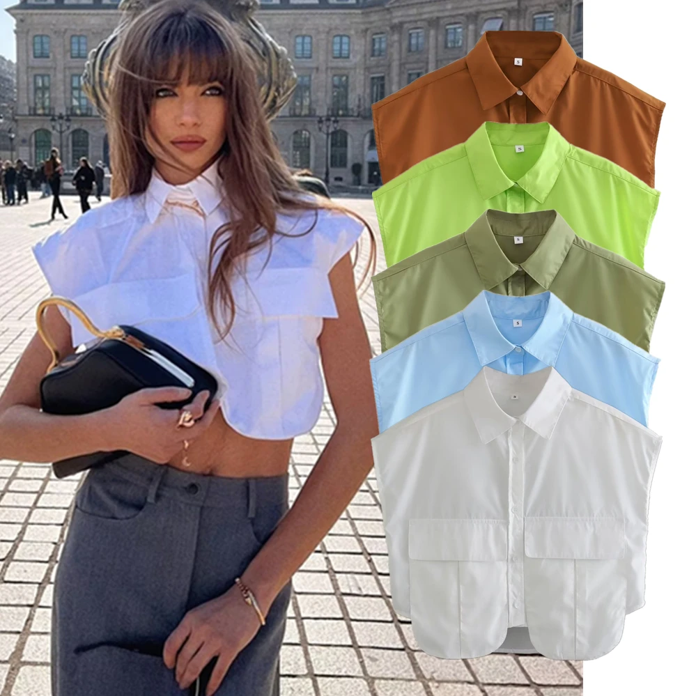 

Dave&Di Pocket Decoration French Ins Fashion High Short Shirt Street Blogger Solid Color Casual Summer Shirt Top Women