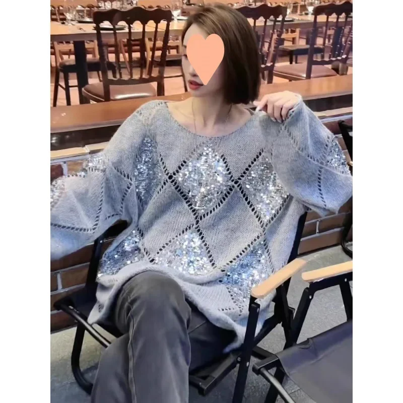 Elegant Knitted Top For Women High-End Feel Argyle Sequins Hollow Out Luxury Loose Fit Sweater Trendy Autumn Knitwear