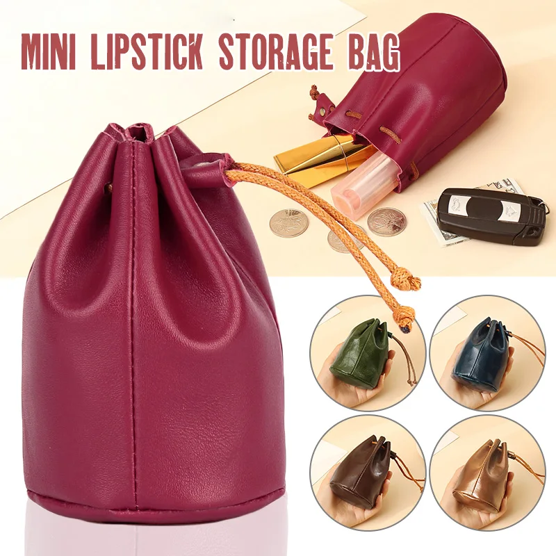 Genuine Real Leather Cowhide Coin Purse Pouch Wallets Drawstring Mini Bucket Handbag Fashion Retro Card Key Storage Lipstick Bag