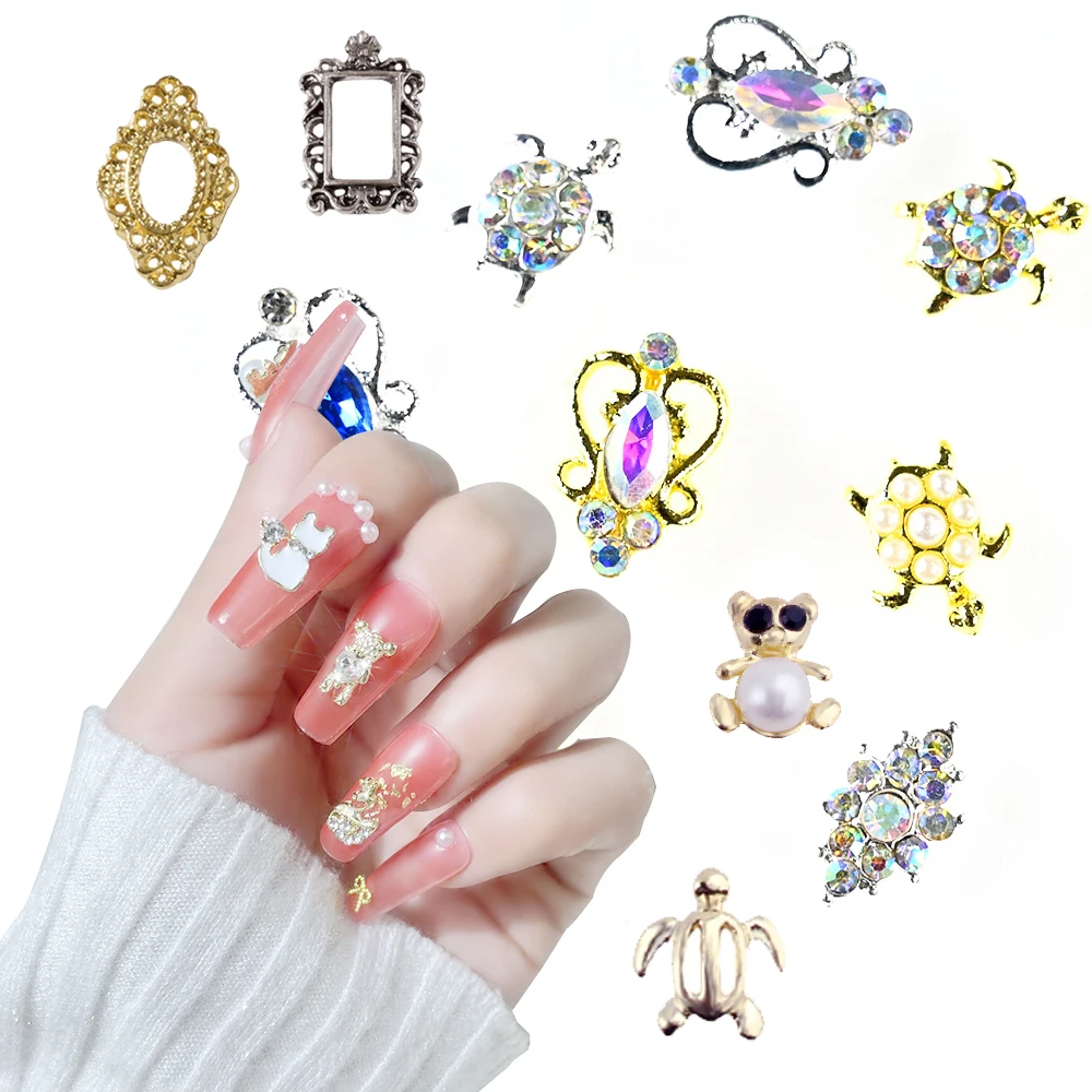 

10 Pieces Metal Nail Rhinestone Charms 3D Turtle/Leaves/Hollow Frame/Bear Nail Charms Rhinestone Diamond Bling Metal Alloy Nails