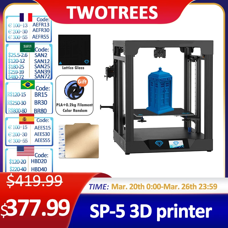 

Twotrees SP-5 3D Printer CoreXY FDM Dual Z Axis Mute Drive DIY Kit Touch Screen Extruder Suitable WIFI Module 300*300*330mm PEI