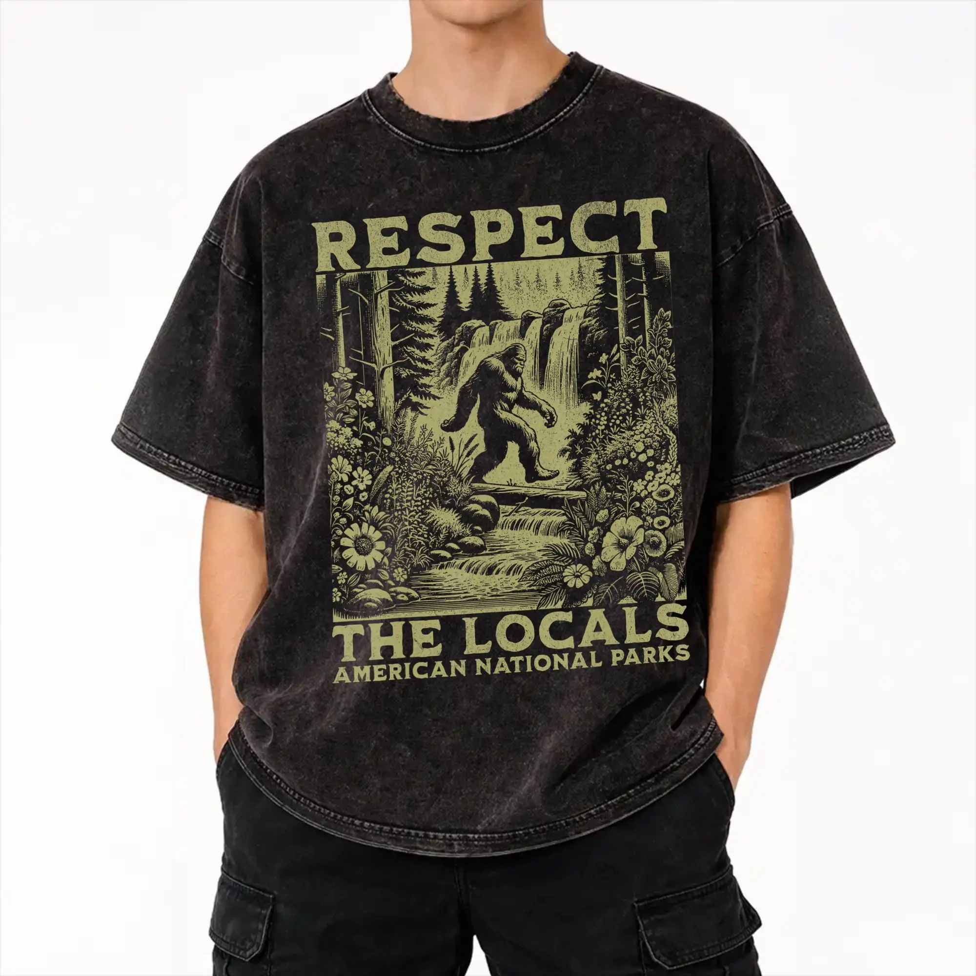 Фото Футболки Respect The Locals Bigfoot Sasquatch в стиле хип-хоп, с эффектом потертости, уличная мода, новинка для мужчин и женщин, уличная одежда №1