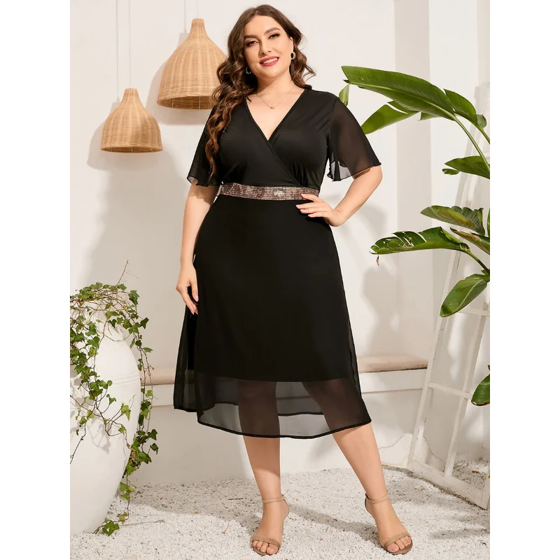 Plus Size 2023 Fashion 3xl 4xl 5xl Women Chiffon Dress Black Loose Mid Dress Casual Bohemian Summer Dresses o 3xl 4xl 5xl 6xl