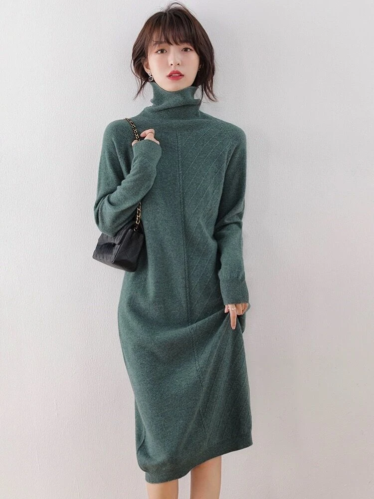 

Women's Sweater Dress Autumn Winter New In Leisure Commuter High Neck Loose Bottom Mid Length Sweater Dress Women's Clothing