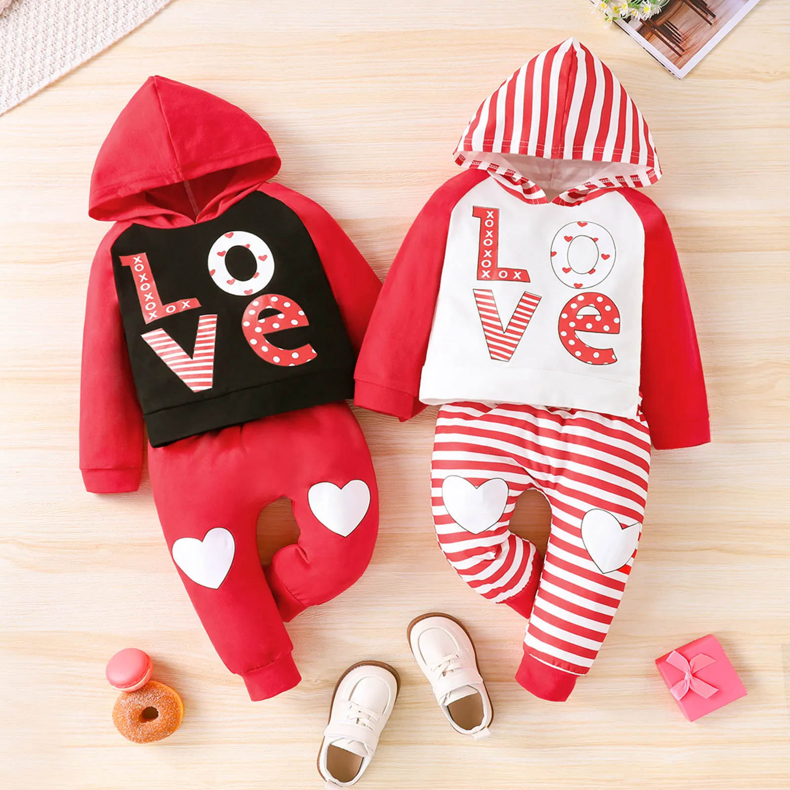 

0-3 Years Toddler Baby Boys Girls Clothes Sets Letter Heart Printed Hooded Sweatshirts+Pants Sets Autumn Kids Costume Outfits