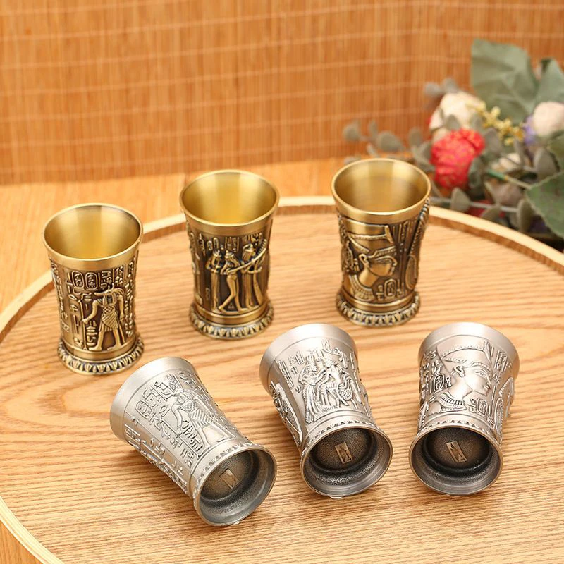 50ML Vintage Metal Egyptian Wine Glass Pharaoh Tut Engraving Goblet Cocktail Whiskey Bar Cup Water Glass Bar Home Decor