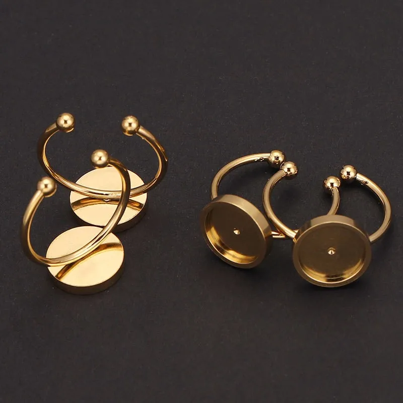 5pcs Gold Stainless Steel Adjustable Blank Ring Base Fit Dia 4/6/8/10/12mm Cabochons Cameo Settings Tray Diy Ring Jewelry Making
