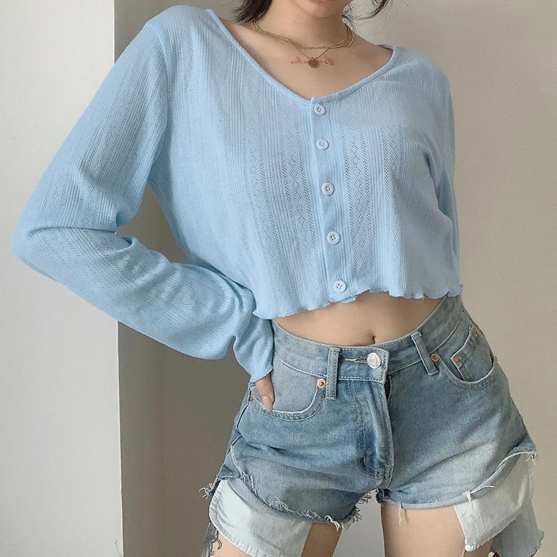 

Women Korean New Loose All-match Blouse Female Solid Long Sleeve Women Fall Summer Sweet Blue V-neck Knitted Top Cardigan