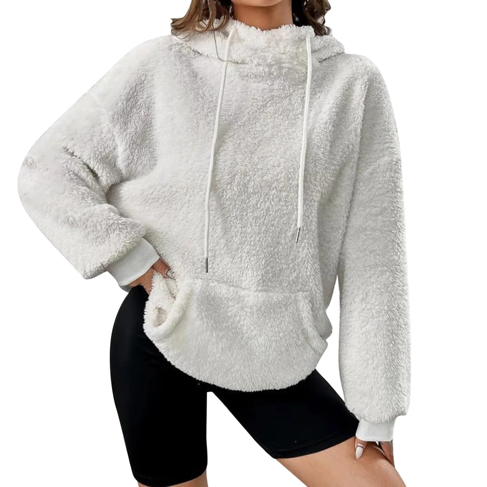 

Женский флисовый свитер с капюшоном, повседневный базовый пуловер оверсайз в стиле панк с длинными рукавами и спущенными плечами