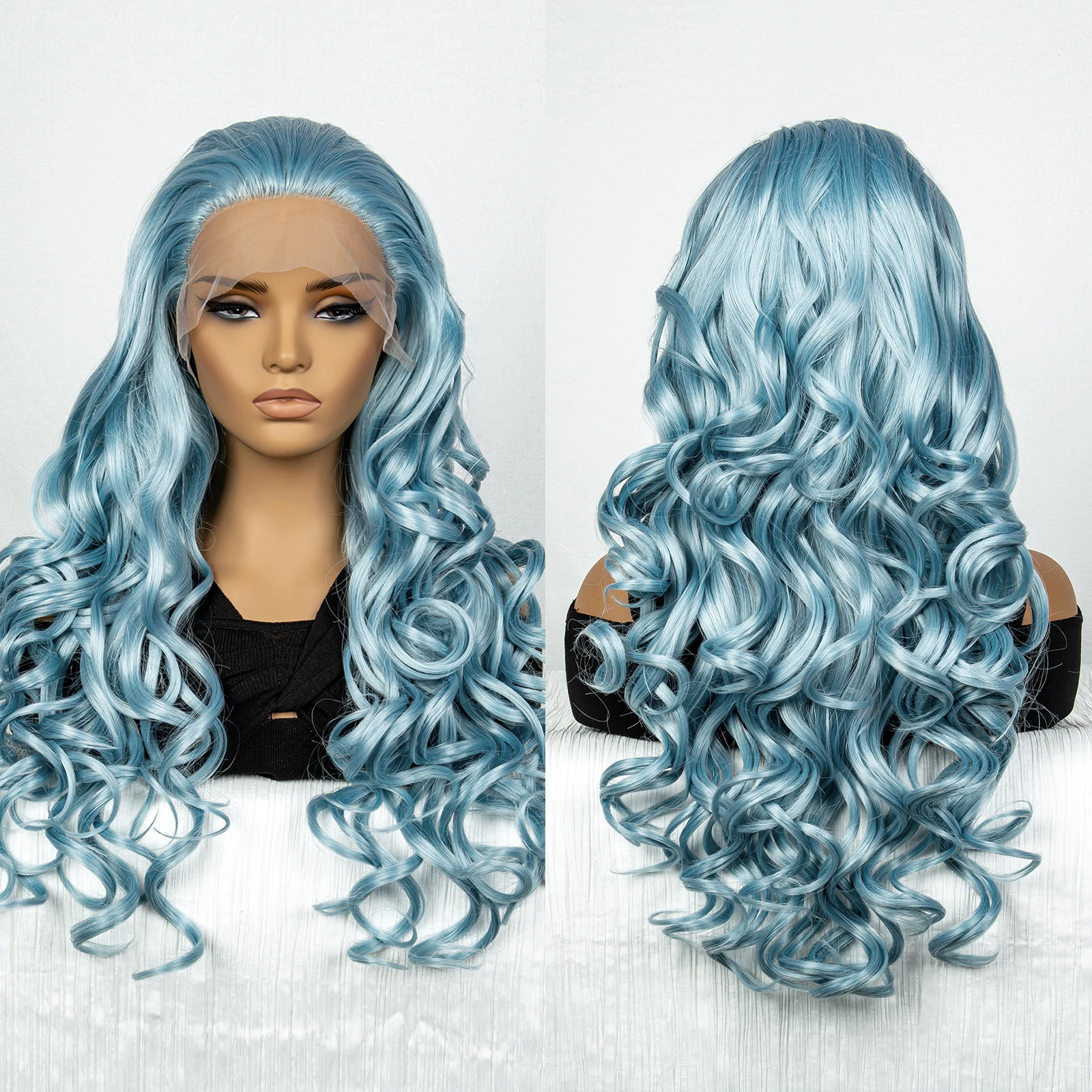30-дюймовый Синтетический Синий Волнистый Парик Для Женщин На Кружеве Спереди 13x3