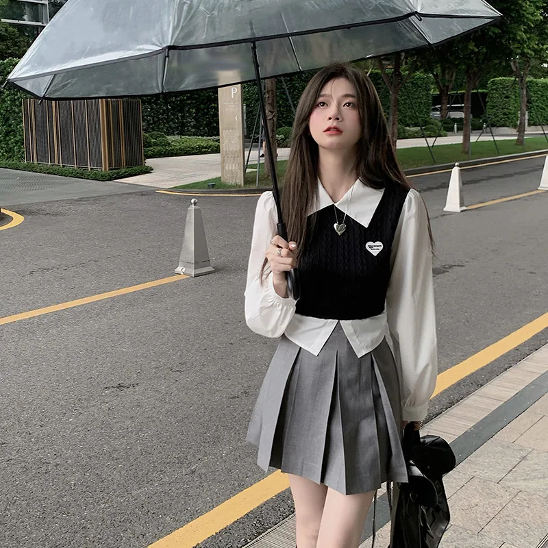 Sweet Japanese Girl Fashion 2 Piece Skirt Sets Long Sleeve Patchwork Shirt Top&ampHigh Waist Pleated Mini 2pc Dress Outfits |