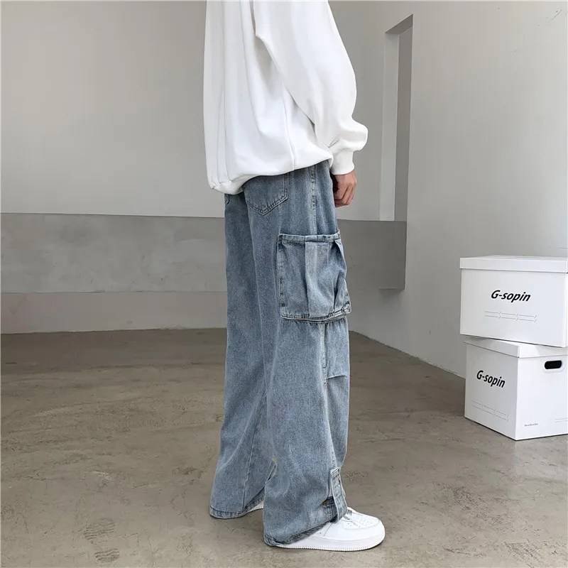 DEEPTOWN Vintage Cargo Jeans Men Baggy Pocket Trousers Male Streetwear Straight Denim Pants Blue Hip Hop Loose Casual Spring