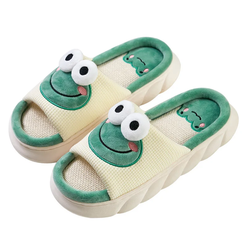 Linen Slippers Cute Frog Indoor Non-slip Thick Bottom Spring And Summer Cotton Linen Sandals And Slippers Home Slippers