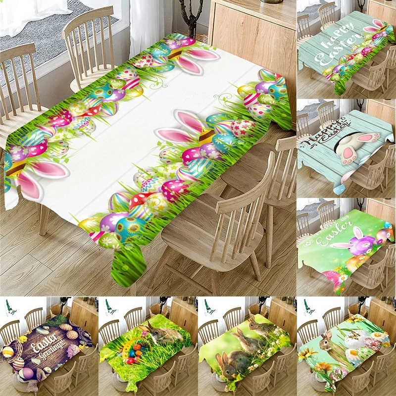 

Colorful Eggs Rabbit Ears Grass Tablecloth Hotel Picnic Table Cover Rectangular Table Covers Home Dining Tea Table Decor