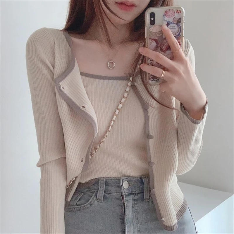 

Sweet Women Knitted Cardigans Spring Casual Knitwear Long Sleeve O-neck Cropped Tops + Sleeveless Sling Vests Two Piece Set N043