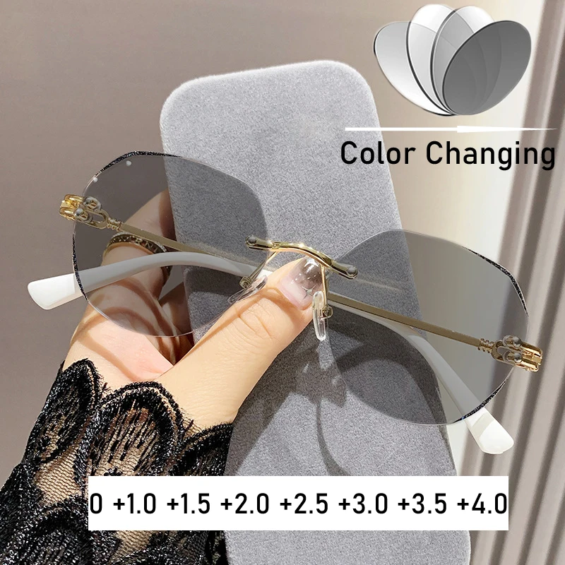 

Очки для дальнозоркости для мужчин и женщин, шикарные фотохромные аксессуары для чтения без оправы, с изменением цвета, с алмазной резкой