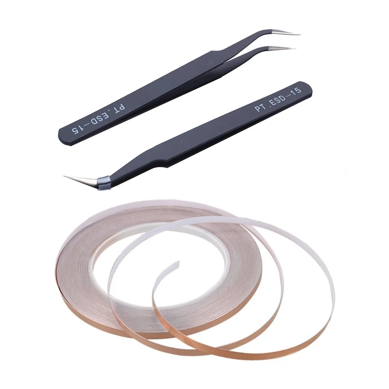 

3 Pcs Accessories: 2 Pcs Anti-Magnetic Tweezers Antistatic Curves & 1 Pcs Conductive Copper Tape Roll 5Mmx30m