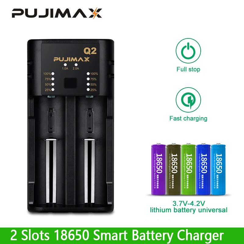 

Интеллектуальное зарядное устройство PUJIMAX 18650 с 2 слотами, контролируемый ток, ЖК-дисплей для 14500 26500 21700 перезаряжаемых литий-ионных батарей