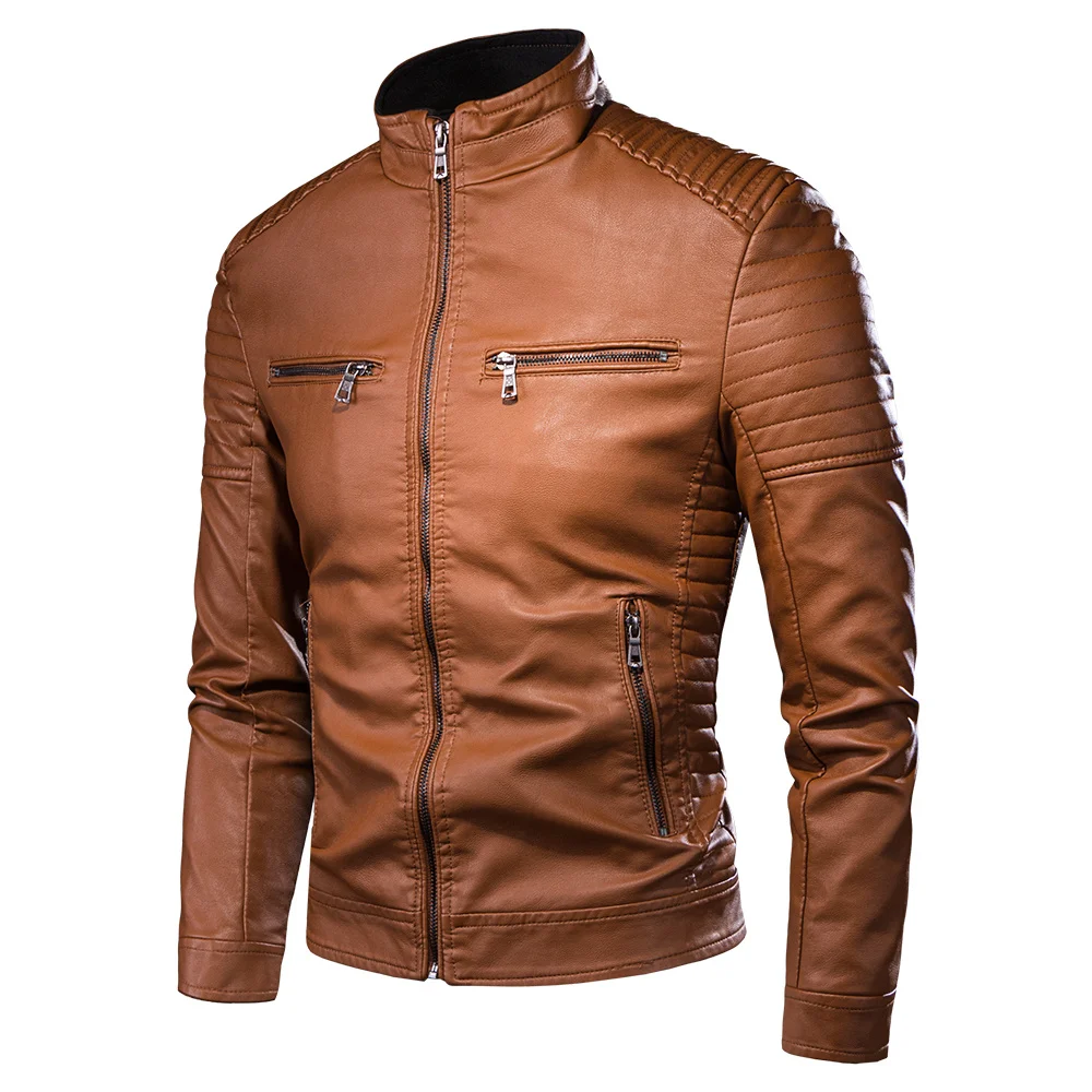 

Мужская осенне-зимняя кожаная куртка, винтажные облегающие байкерские Мотоциклетные Куртки из искусственной кожи на молнии с несколькими карманами, Модное теплое Черное пальто