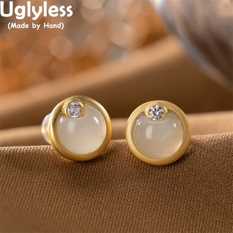 

Uglyless 10MM MINI Gemstones Studs Earrings for Women Natural Jadeite Moon Earrings Gold Brincos 925 Silver Luxury Dress Jewelry