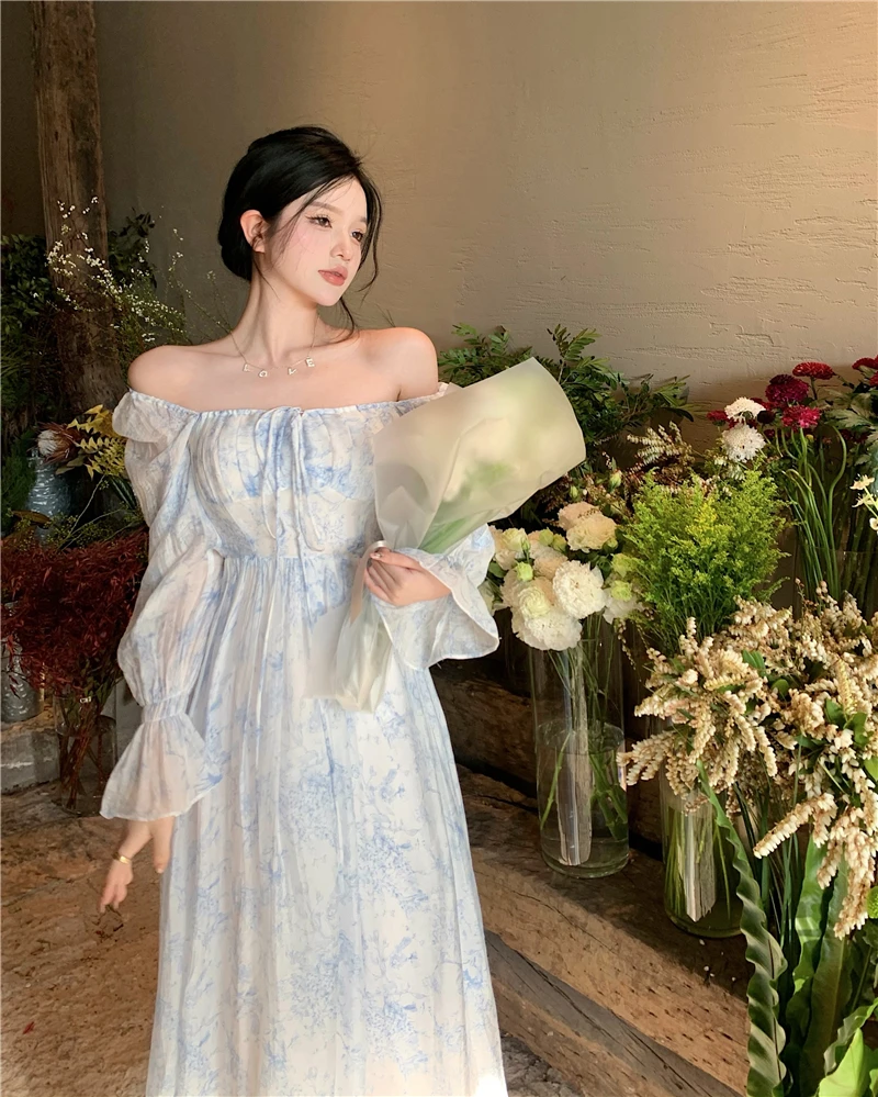 

Summer Sexy France Floral Dress Women Elegant Party Midi Dress Casual High Waist Puff Sleeve Korean Fashion Holiday Female Dress