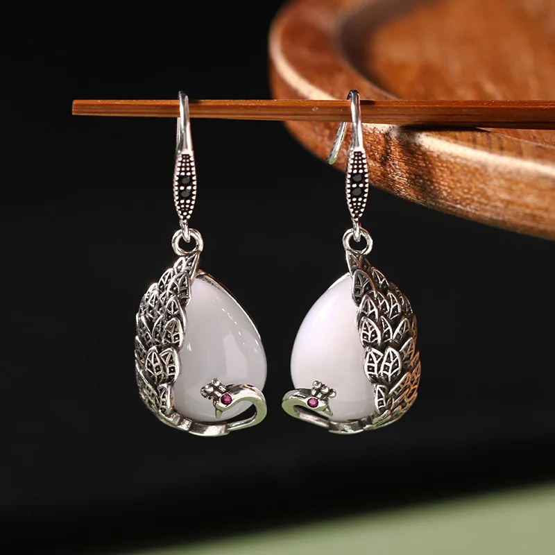 

Women's Earrings Personality Earrings Electroplated Thai Silver Craft Imitation Hetian Jade Water Drop Peacock Antique Style