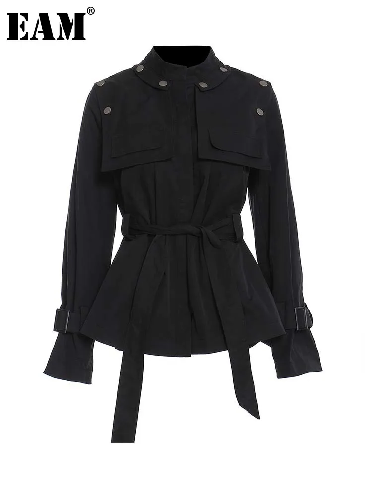 

[EAM] Loose Fit Black Button Big Size Casual Jacket New Stand Collar Long Sleeve Women Coat Fashion Spring Autumn 2022 1DE9137