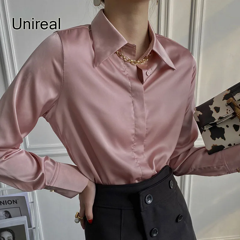 

Unireal 2022 Spring Autumn Women Satin Shirt Long Sleeve Vintage Office Lady Silk Blouse Casual Tops Streetwear