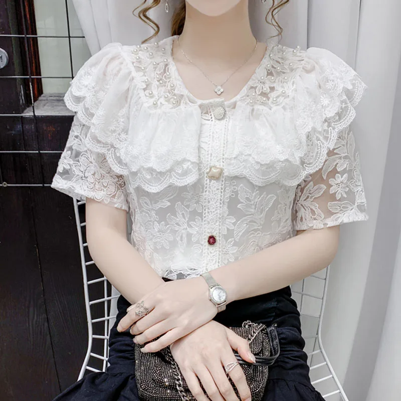

Fashion Beading Blouse Women Casual Peter Pan Collar Clothes Korean Floral Ruffle Embroidery Lace Shirt Summer Hollow Tops 24937