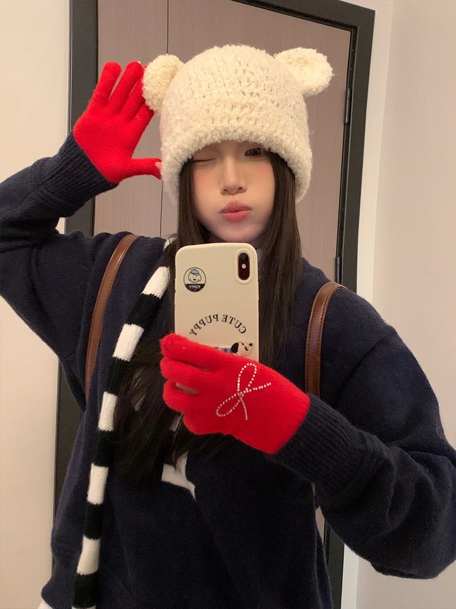 Милая однотонная Кепка с милым маленьким медведем утолщенная осенне-зимняя