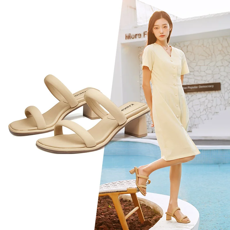 Kangnai High Heels Slippers Women Pumps Open Toe Thick Heel Narrow Band PU Sandals Party Ladies Summer Shoes