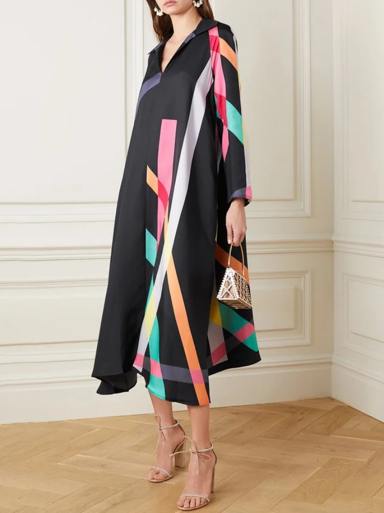 

Onecozyday Adult Women V-Neck Casual Printed Long Dress Long Sleeves Elegant Midi Dress Female Daily Clothing Holiday Dresses