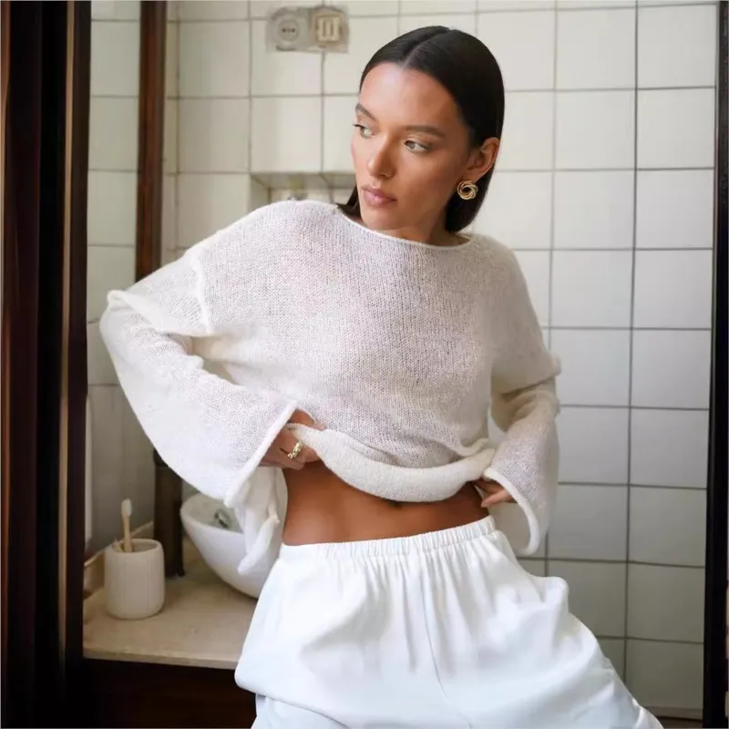 Женский вязаный пуловер с круглым вырезом и рукавом-колокольчиком