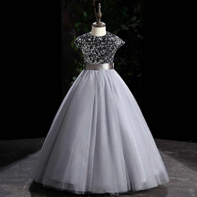 Элегантное вечернее платье с блестками, простое бальное платье до пола с коротким рукавом и круглым вырезом, тюлевые вечерние платья с цветами для девочек, B1771