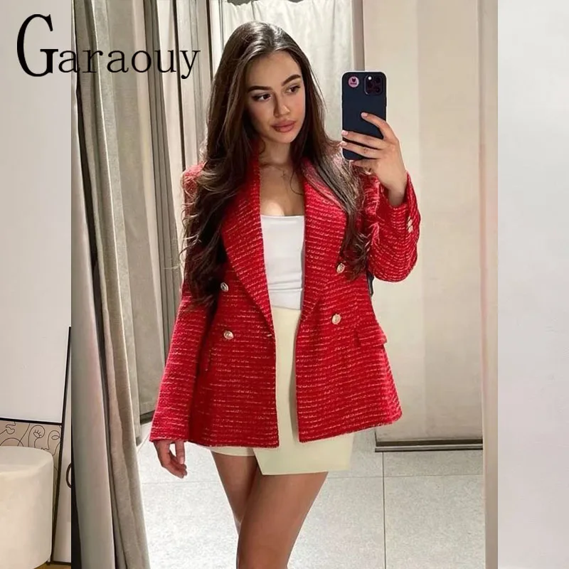 

Garaouy Women's Coat Spring 2022 Fashion Double Breasted Tweed Check Blazer Vintage Long Sleeve Pockets Female Outerwear Chic