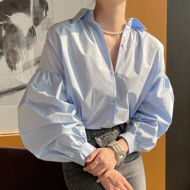 

Clothland Women Elegant Solid Lantern Sleeve Blouse Single Breasted Basic Shirt French Style Office Wear Tops Blusa Mujer LA969