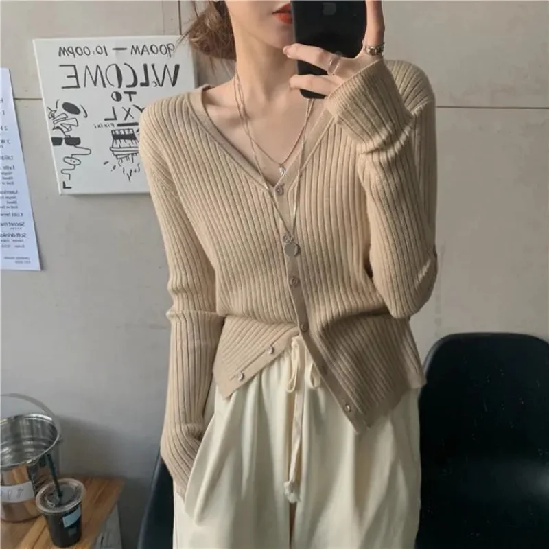

Autumn V Neck Cardigan White Grey Korean Fashion Tops Casual Solid Crop Cardigans Knit Sweater Women Elastic Bottoming Shirts
