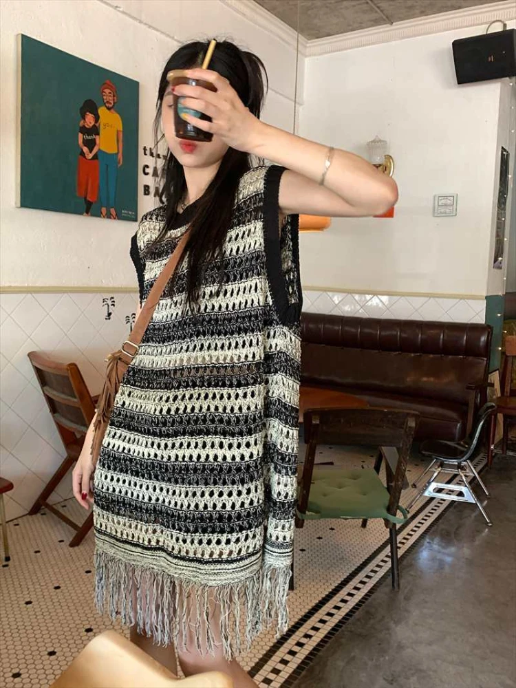 

KUCLUT Summer Sleeveless Knitted Vest O-neck striped Hollowed out tassel vintage fashion casual baggy long vest