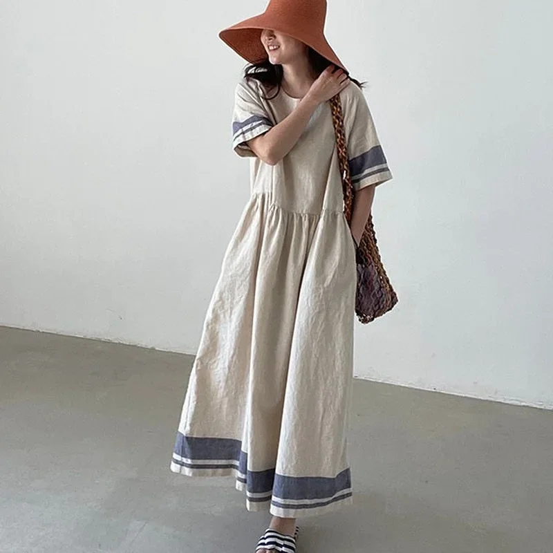 Лето 2024 цветное контрастное платье в стиле ретро с круглым вырезом женское