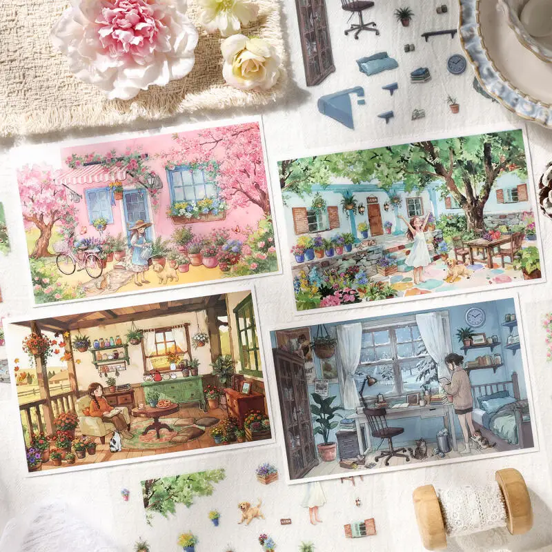 Фото Набор из 3 наклеек Card Lover [Серия Floating Light Atlas] с пейзажами для уютной комнаты: утренние цветы, дом, весенний сад, двор №1