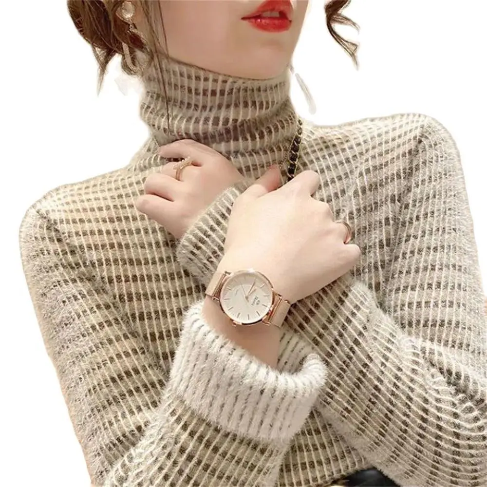 

Women Pullover Black White Striped Stretch Casual Jumpers Female Stripe Long Sleeve Knit Autumn Winter Turtleneck Sweater Warm