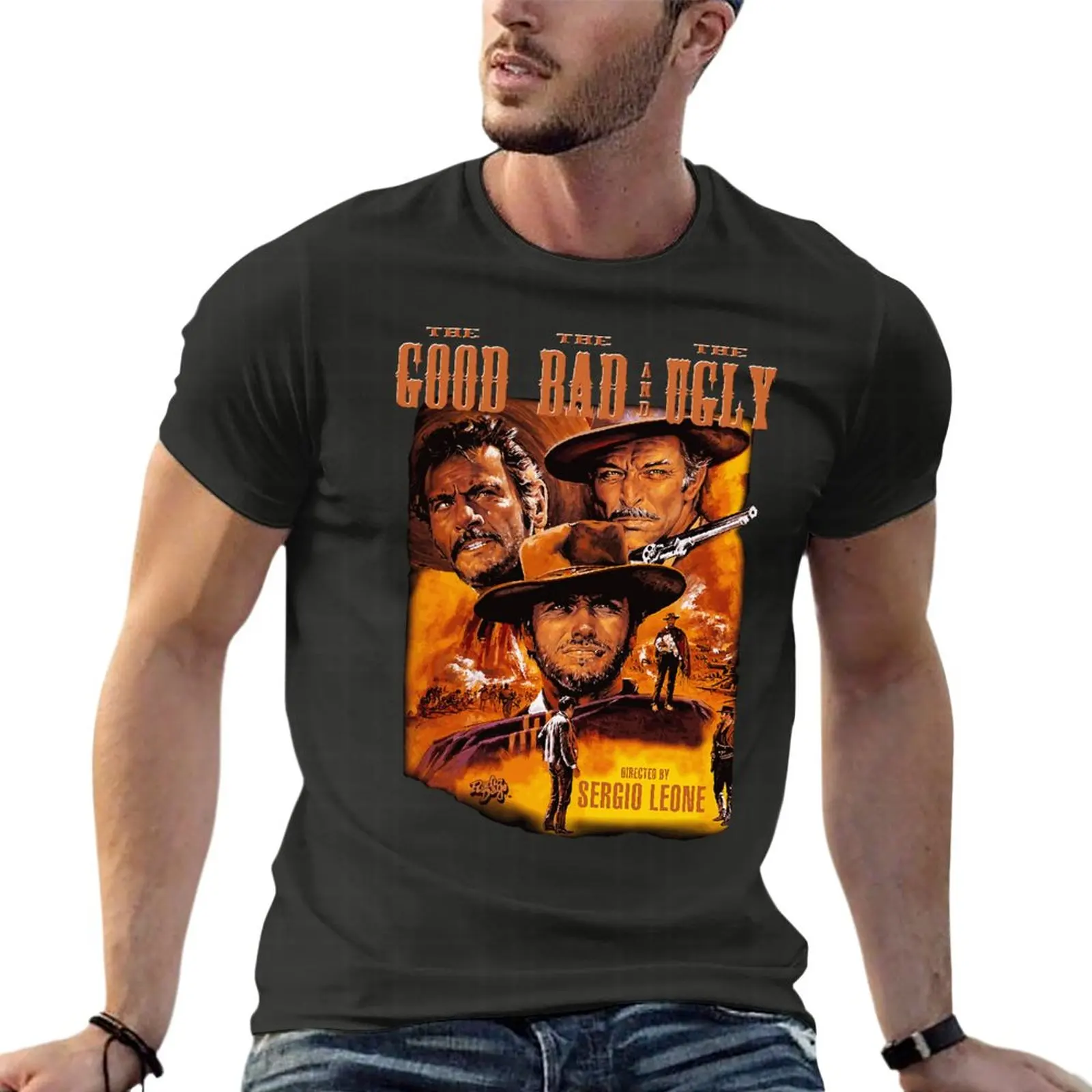 

Clint Eastwood Color Group Good Bad Ugly Bad Western Movie Poster Oversize T-Shirt Printed Men Clothes 100% Cotton Top Tee