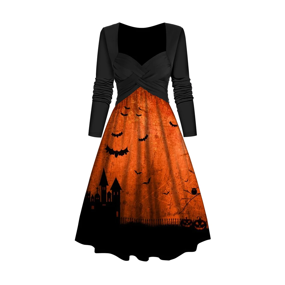 

Fashion Long Sleeve Halloween Castle and Bat Print Dress Crossover Sweetheart Collar A Line Midi Robe For Party